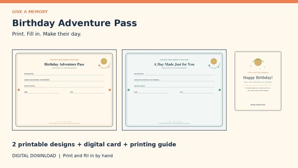 Birthday Adventure Pass: Printable gift certificates + digital card card