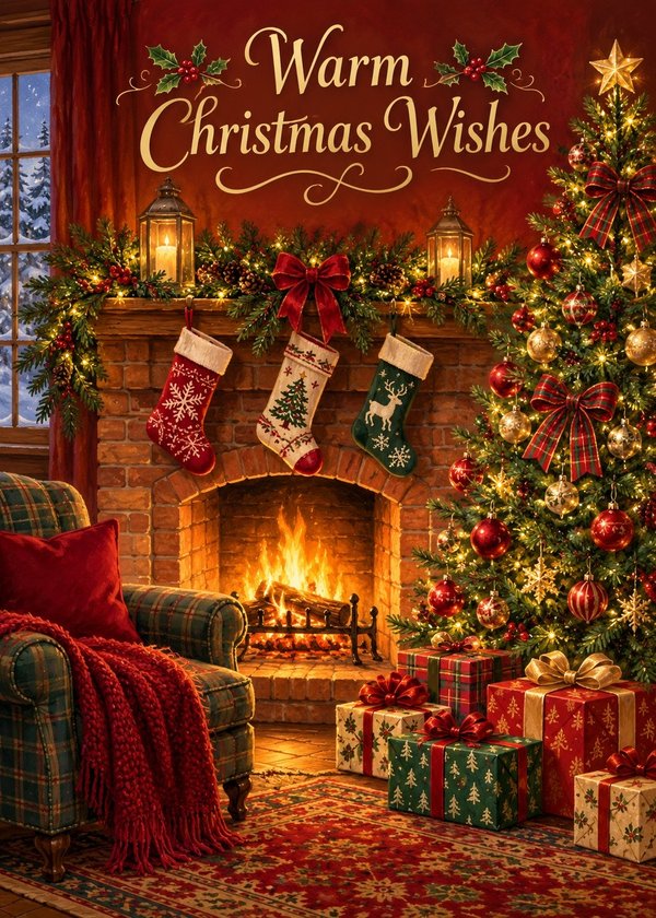 Warm Christmas Wishes: Cozy Fireplace card